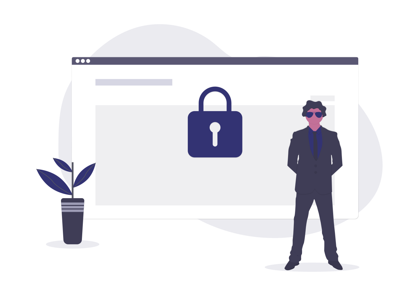 Security person standing in front of a web browser with a lock inside it
