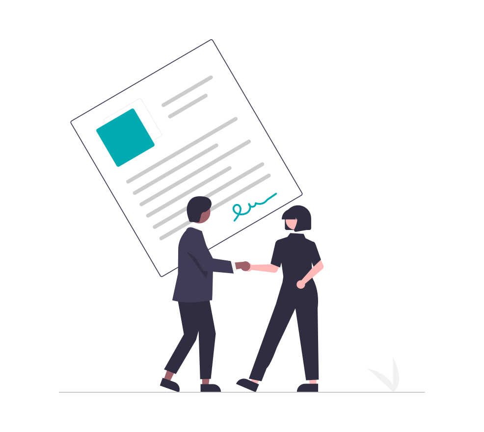 Two people shaking hands in front of a contract